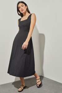 Fit & Flare Midi Dress - Square Neck Stretch Cotton, Black | Ming Wang