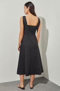 Fit & Flare Midi Dress - Square Neck Stretch Cotton, Black meison Fit & Flare Midi Dress - Square Neck Stretch Cotton, Black meison