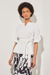 Split V-Neck Blouse - Cold-Shoulder Sleeves Crepe de Chine | Ming Wang