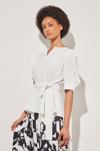 Split V-Neck Blouse - Cold-Shoulder Sleeves Crepe de Chine | Ming Wang