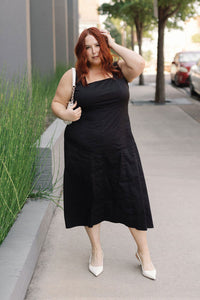 Fit & Flare Midi Dress - Square Neck Stretch Cotton, Black Fit & Flare Midi Dress - Square Neck Stretch Cotton, Black