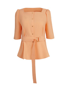 Square Neck Button Front Blouse - Belted Faux Cupro Silk, Peach Blossom | Meison Studio Presents Misook