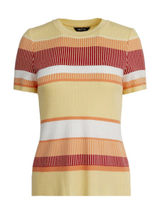 Short Sleeve Intarsia Striped Soft Knit Top, Citrus Blossom/Sunset Red/Pale Gold/White | Meison Studio Presents Misook