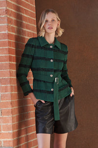 Belted Button-Front Stripe Tweed Jacket, Jewel Green/Black | Ming Wang