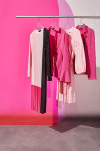 Plus Size Knee-Length Dress - Fine Pleat Crepe de Chine, Perfect Pink/Carmine Rose/Moonbeam/Blk | Meison Studio Presents Ming Wang