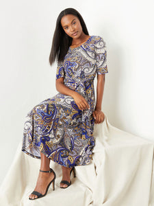 Fit and Flare Jersey Knit Dress, Royal Blue/Marigold Combo | Meison Studio Presents Kasper