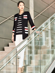 Stripe Pocket Knit Jacket, Black/Ivory/Tango Red | Meison Studio Presents Misook