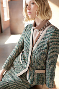 Tailored Contrast Trim Tweed Knit Jacket, Jewel Green/Dark Champagne/Lunar Rock/Black | Ming Wang