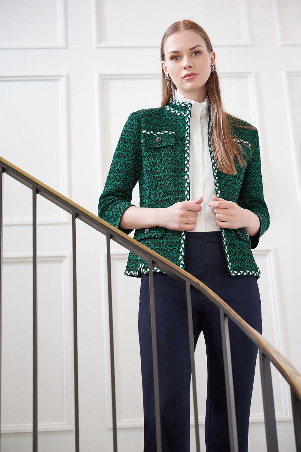 Tri-Color Braided Trim Houndstooth Tweed Jacket – meison