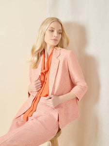 Rolled Cuff Cross Dye Linen Blend One-Button Blazer in the color Papaya/Lily White | Kasper