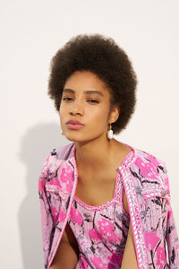 Mini Sheath Dress - Floral Button-Front Detail Knit, Perfect Pink/Carmine Rose/Moonbeam/Wht/Blk | Meison Studio Presents Ming Wang