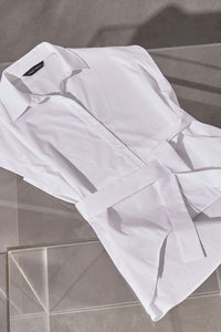 High-Low Shirt - Tie-Waist Stretch Cotton, White | Ming Wang