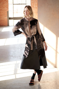 Abstract Belted Long Soft Knit Jacket, Dark Champagne/Black | Ming Wang