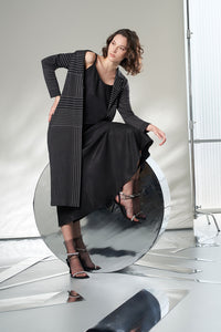 Longline Open Front Jacket - Striped Knit, Black/Granite | Ming Wang