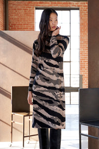Animal Print Turtleneck Soft Knit Midi Dress, Dark Champagne/Black | Ming Wang
