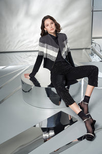 Tailored Moto Jacket - Zip-Front Stripe Knit, Black/Granite/Ivory | Ming Wang