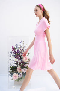 Knee-Length Flare Dress - Faux Pleat Soft Knit, Perfect Pink, Perfect Pink | Ming Wang