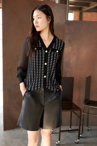 Button-Front Chiffon and Tweed Mixed-Media Cardigan, Black/Ivory | Ming Wang