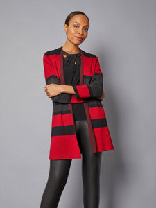 Striped Open Front Knit Duster Cardigan, Fire Red Combo | Meison Studio Presents Kasper