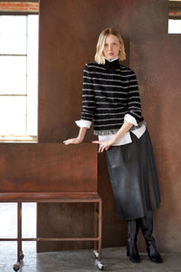 Vegan Leather Side Slit Midi Skirt, Black | Ming Wang