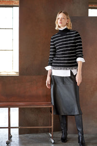 Stripe Fringe Trim Tweed Knit Tunic, Black/Ivory | Ming Wang