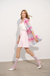 Plus Size Longline Jacket - Sheer Striped Soft Knit, Perfect Pink/Carmine Rose/Moonbeam/Haze/White | Ming Wang