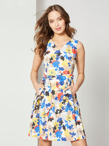 V-Neck Tie-Waist Fit and Flare Dress in the Color NYC White/Floral Combo | Jones New York 