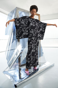 Plus Size Maxi A-Line Skirt - Floral Jacquard Soft Knit, Black/White | Meison Studio Presents Ming Wang