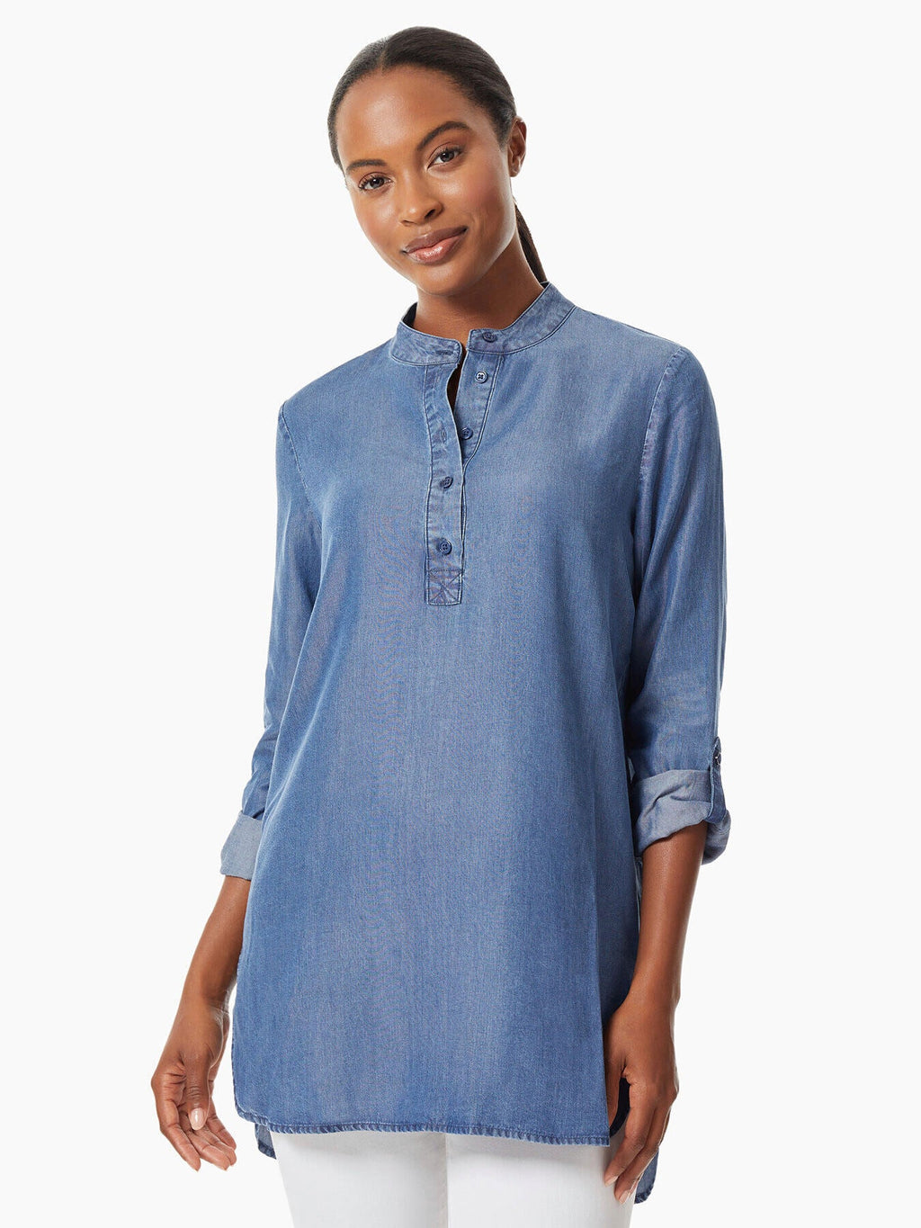 Roll-Tab Tencel Denim Popover Blouse – meison