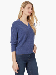 Two-Tone Stitch V-Neck Sweater, Collection Navy/Mineral Blue | Meison Studio Presents Jones New York