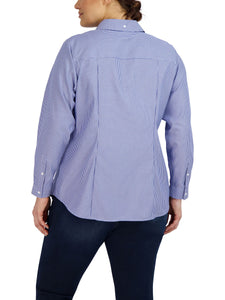 Plus Size Striped Easy-Care Button-Up Shirt in the color Blue/White | Jones New York