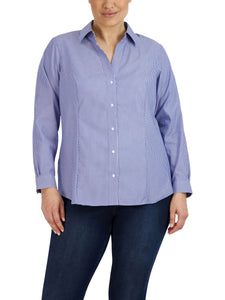 Plus Size Striped Easy-Care Button-Up Shirt in the color Blue/White | Jones New York
