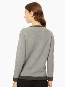 Colorblock Crew Neck Button Detail Sweater in Color Heather Grey Combo | Jones New York