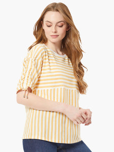 Ruched Sleeve Contrast Stripe Tee, NYC White/Gold Sand | Meison Studio Presents Jones New York