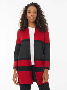 Striped Open Front Knit Duster Cardigan, Fire Red Combo | Meison Studio Presents Kasper