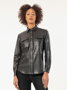 Vegan Leather Snap-Front Utility Shirt in Color Jones Black | Jones New York