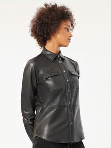 Vegan Leather Snap-Front Utility Shirt in Color Jones Black | Jones New York