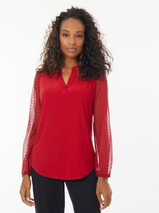 Sheer Dot Sleeve Jersey Knit Blouse, Fire Red | Meison Studio Presents Kasper