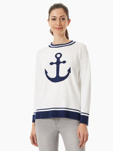 Anchor Jacquard Knit Crew Neck Sweater in Jones White/Collection Navy