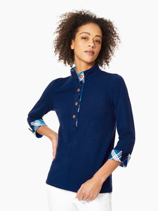 3/4 Sleeve Button Neck Mixed-Media Tunic in the Color Jones Collection Navy | Jones New York