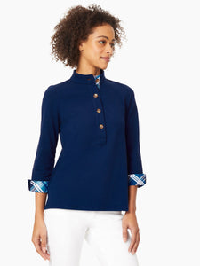 3/4 Sleeve Button Neck Mixed-Media Tunic In Jones Collection Navy