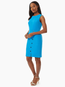 Snap Detail Stretch Crepe Sheath Dress in the Color Riviera | Kasper