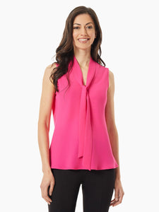 Tie Neck Sleeveless Jasper Crepe Blouse in the Color Pink Perfection | Kasper