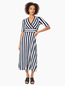 Striped V-Neck Ruched Waist Midi Dress in the Color Collection Navy/NYC White | Jones New York