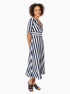 Striped V-Neck Ruched Waist Midi Dress in the Color Collection Navy/NYC White | Jones New York
