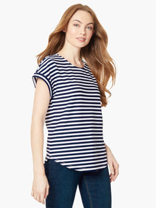 Short Cuffed-Sleeve Scoop Neck Tee in the Color Collection Navy/NYC White | Jones New York