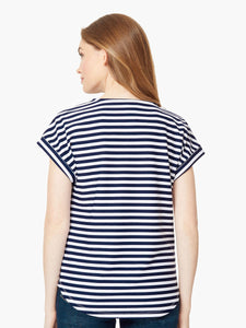 Short Cuffed-Sleeve Scoop Neck Tee in the Color Collection Navy/NYC White | Jones New York
