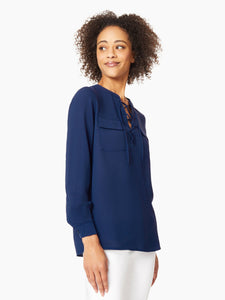 Lace-Up V-Neck Crepe Georgette Blouse in the Color Jones Collection Navy | Jones New York