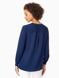 Lace-Up V-Neck Crepe Georgette Blouse in the Color Jones Collection Navy | Jones New York