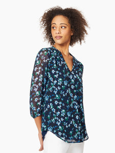 Chiffon V-Neck Kelly Blouse in the Color Collection Navy Multi | Jones New York